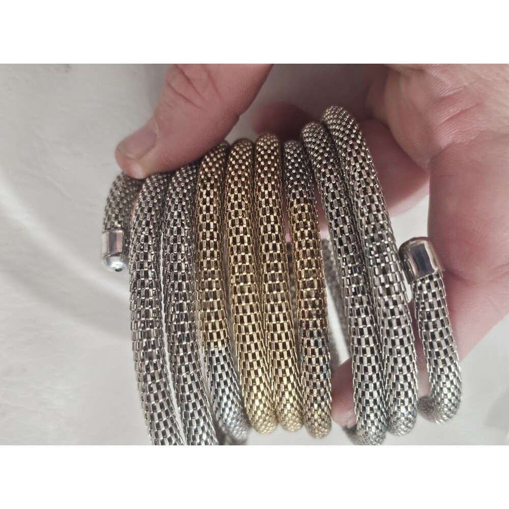 Silver & Gold Tone Mesh Stackable Bangle Bracelets + Pavé Crystal Cuff Set - Picture 5 of 8